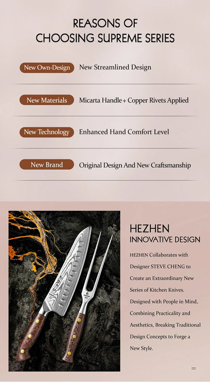 HEZHEN 2‑tlg. Damast‑Messerset – Micarta‑Griff & 430‑Stahl Fleischgabel