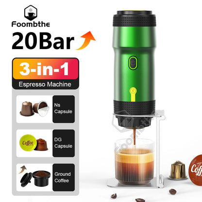 FOOMBTHE Elektrische Tragbare Kaffeemaschine – 3-in-1 Espresso-Genuss für Auto, Reisen & Zuhause
