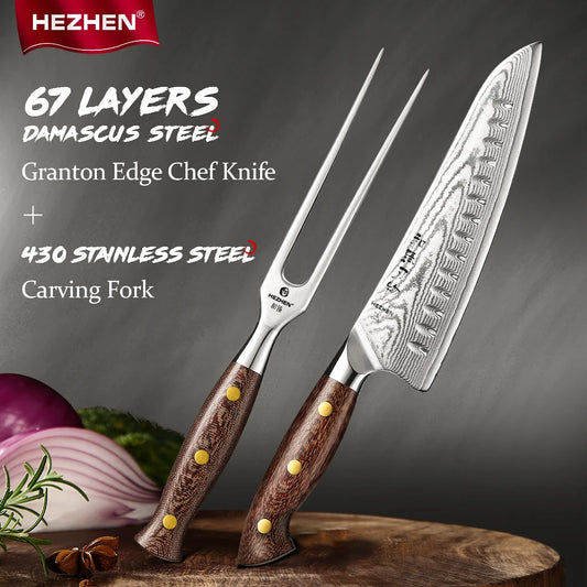 HEZHEN 2‑tlg. Damast‑Messerset – Micarta‑Griff & 430‑Stahl Fleischgabel