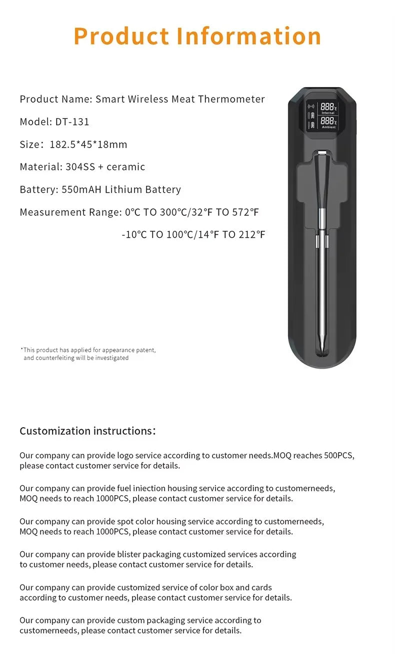 WLAN Lebensmittelthermometer mit Keramiksonde – Digital, wasserdicht & drahtlos für Grill & Ofen