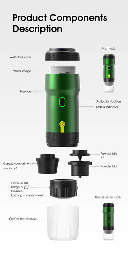 3‑in‑1 Reisekaffeemaschine inkl. Stand– Kabellos, elektrisch & tragbar für Auto, Camping & Zuhause