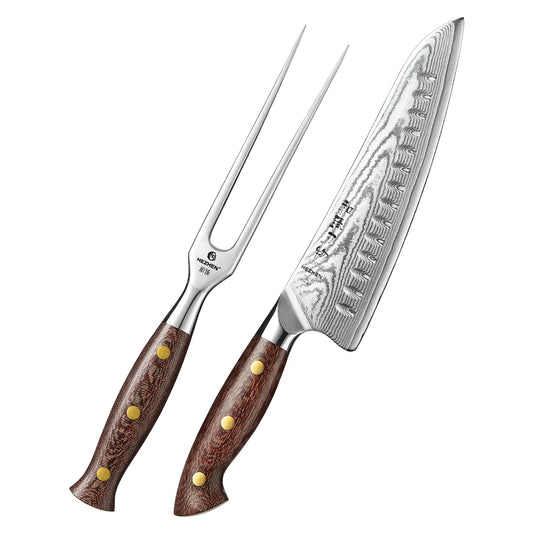 HEZHEN 2‑tlg. Damast‑Messerset – Micarta‑Griff & 430‑Stahl Fleischgabel