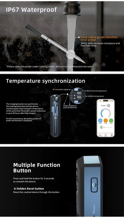 WLAN Lebensmittelthermometer mit Keramiksonde – Digital, wasserdicht & drahtlos für Grill & Ofen