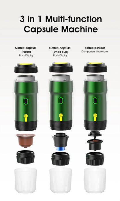 3‑in‑1 Reisekaffeemaschine inkl. Stand– Kabellos, elektrisch & tragbar für Auto, Camping & Zuhause