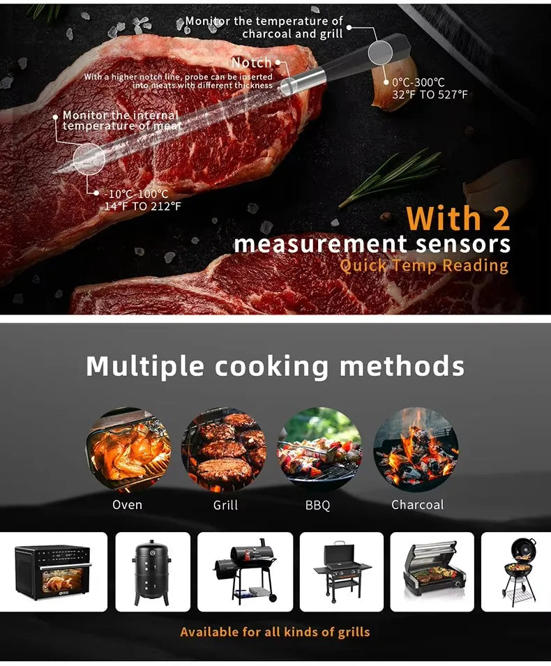 WLAN Lebensmittelthermometer mit Keramiksonde – Digital, wasserdicht & drahtlos für Grill & Ofen